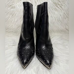 SAINT LAURENT Matte Calfskin Studded Western Ankle Boots 37 Black